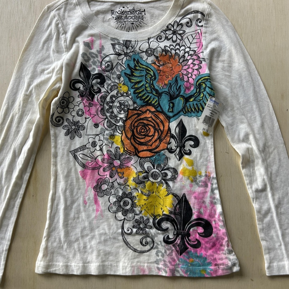 Y2K Rocker Girl Shirt Juniors Small White Fleur Rose Bird Long Sleeve Tee